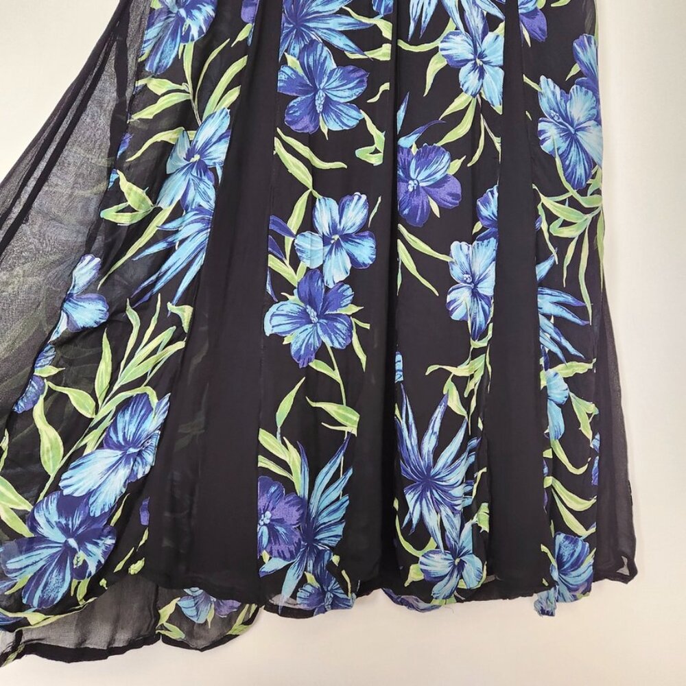 Vintage 90s Black Floral Midi Dress Crinkle Fairy Grunge Blue Lola P Medium - Picture 3 of 16